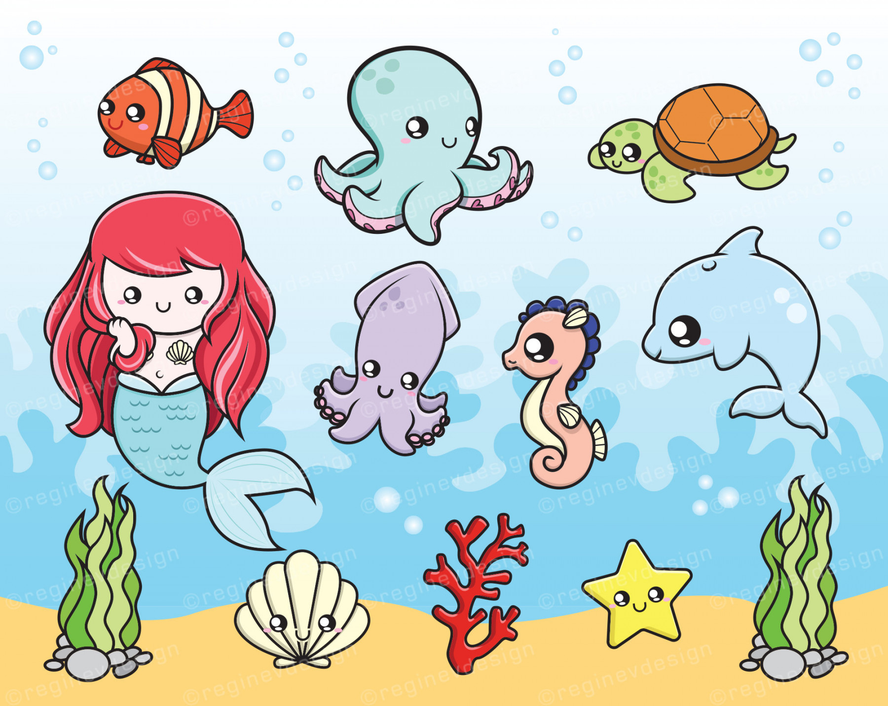 Cute Baby Sea Creatures Clipart, Mermaid, Octopus, Dolphin, Turtle, Squid,  Seahorse, Fish, Chibi, Vector, Kawaii, Commercial Use (Printable)