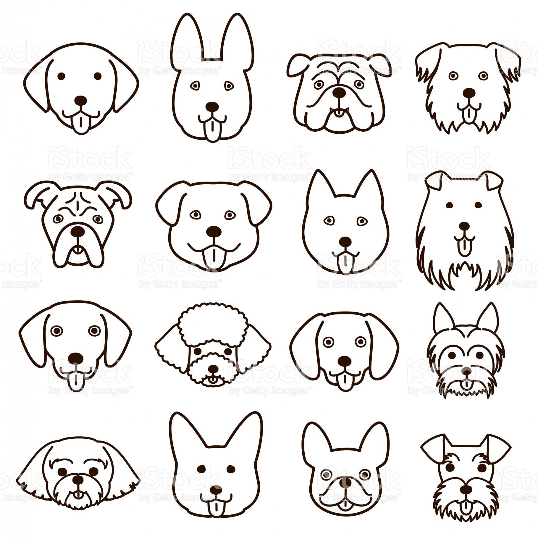 cute dogs faces line art set