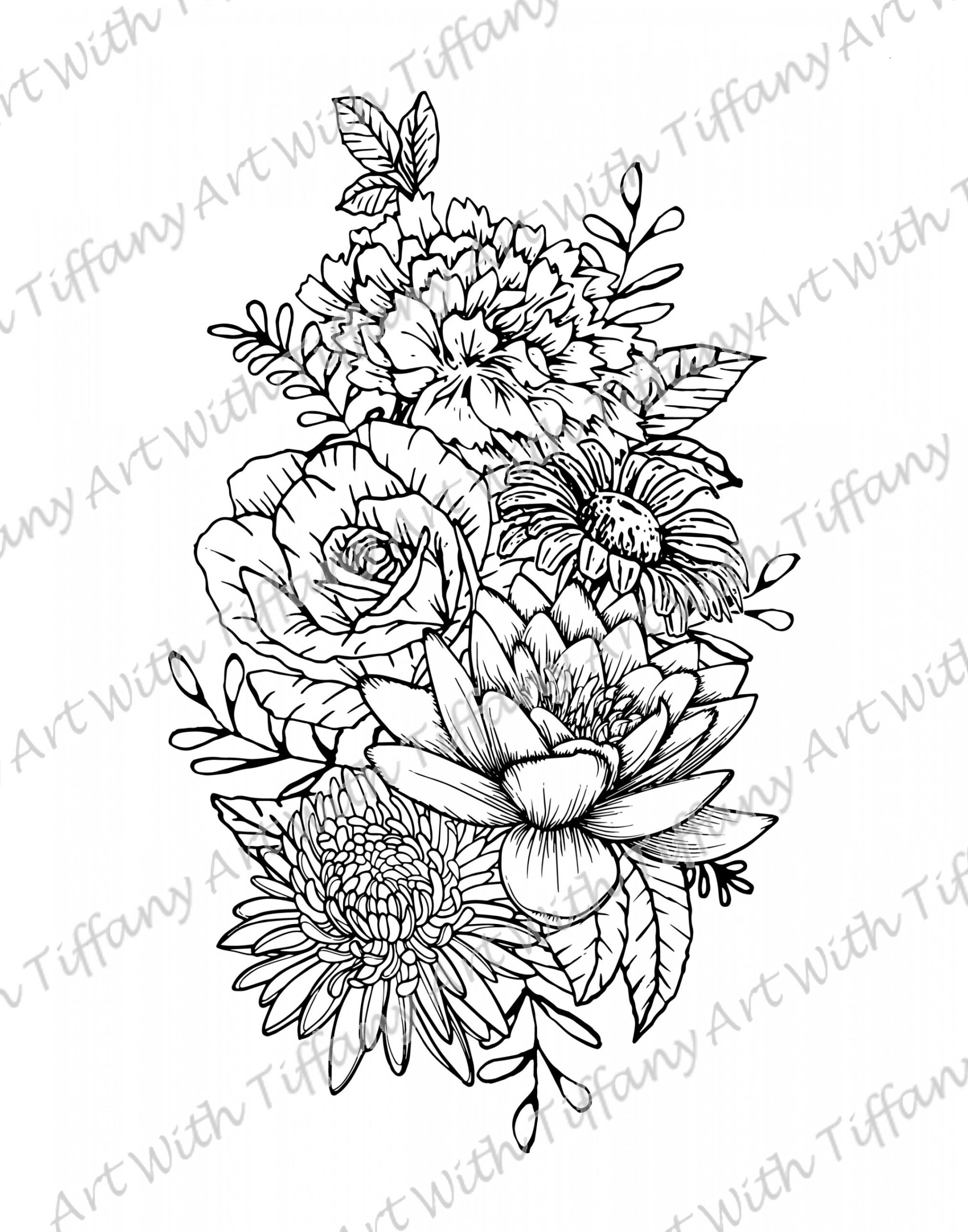 DIGITAL FILE: Black and White Floral Tattoo Design; Flower Outline -  Carnation, Water Lily, Rose, Aster, Daisy