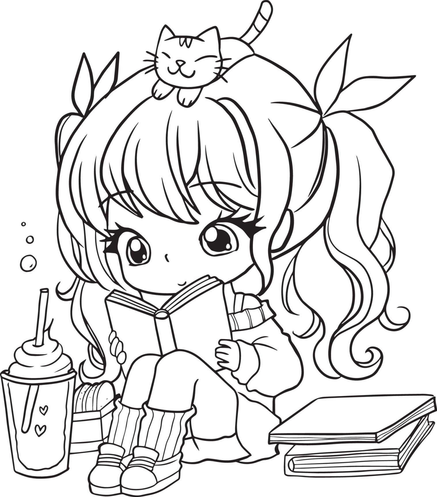 drawing cartoon cute coloring page line art, outline anime manga