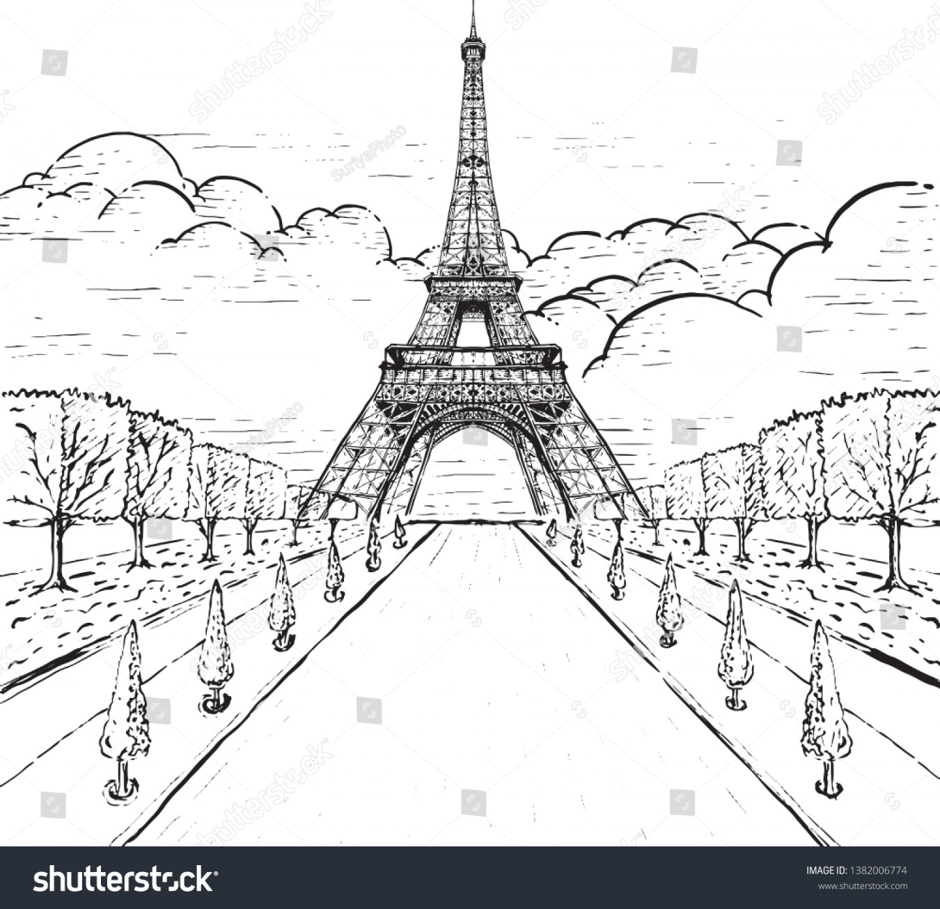 Drawing Eiffel Tower Paris France Tour: Stock-Vektorgrafik