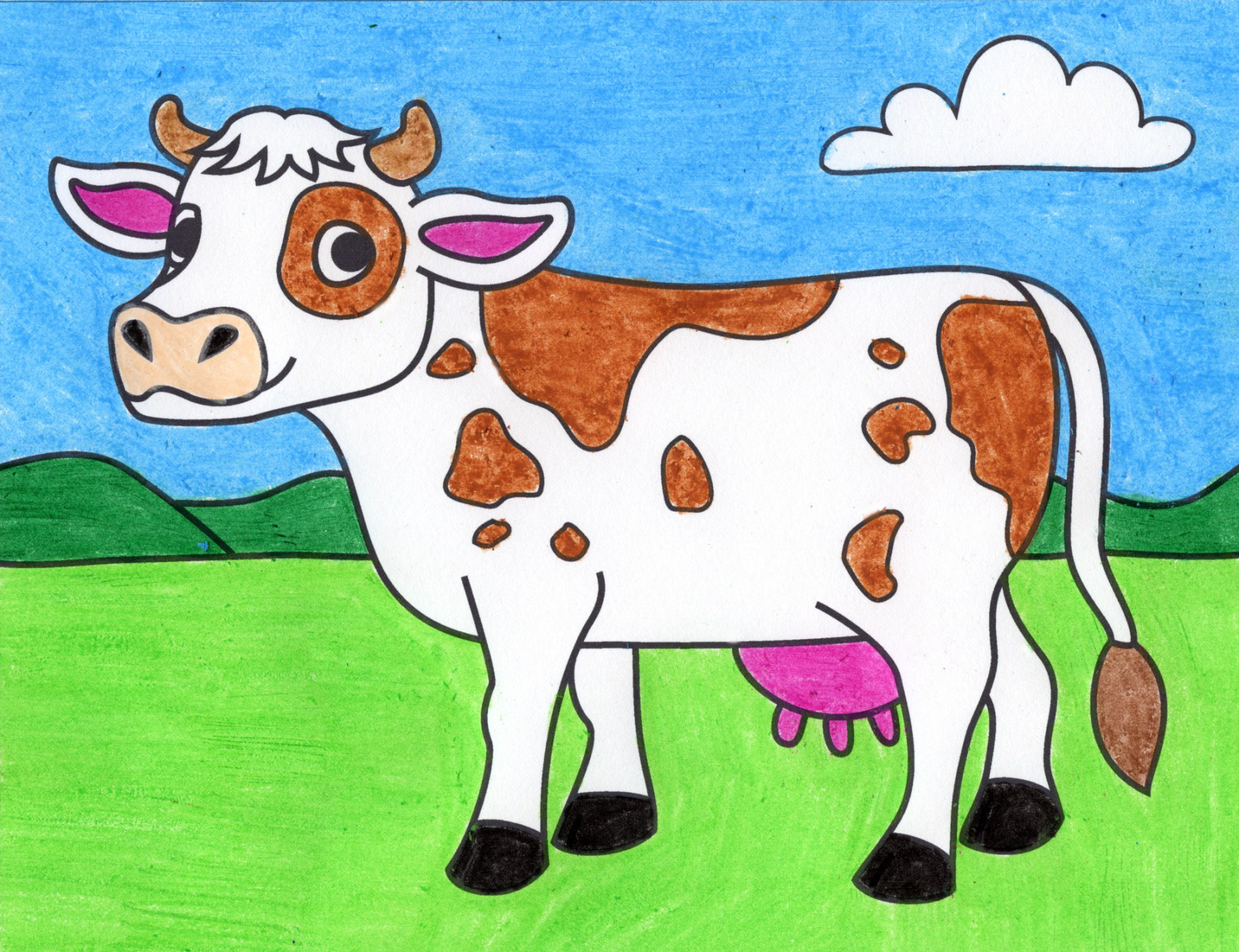 Easy How to Draw a Cow Tutorial Video and Cow Coloring Page