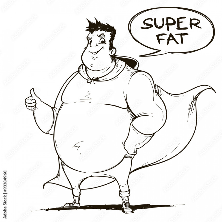 Fat man super hero. Black and white. Sketch style