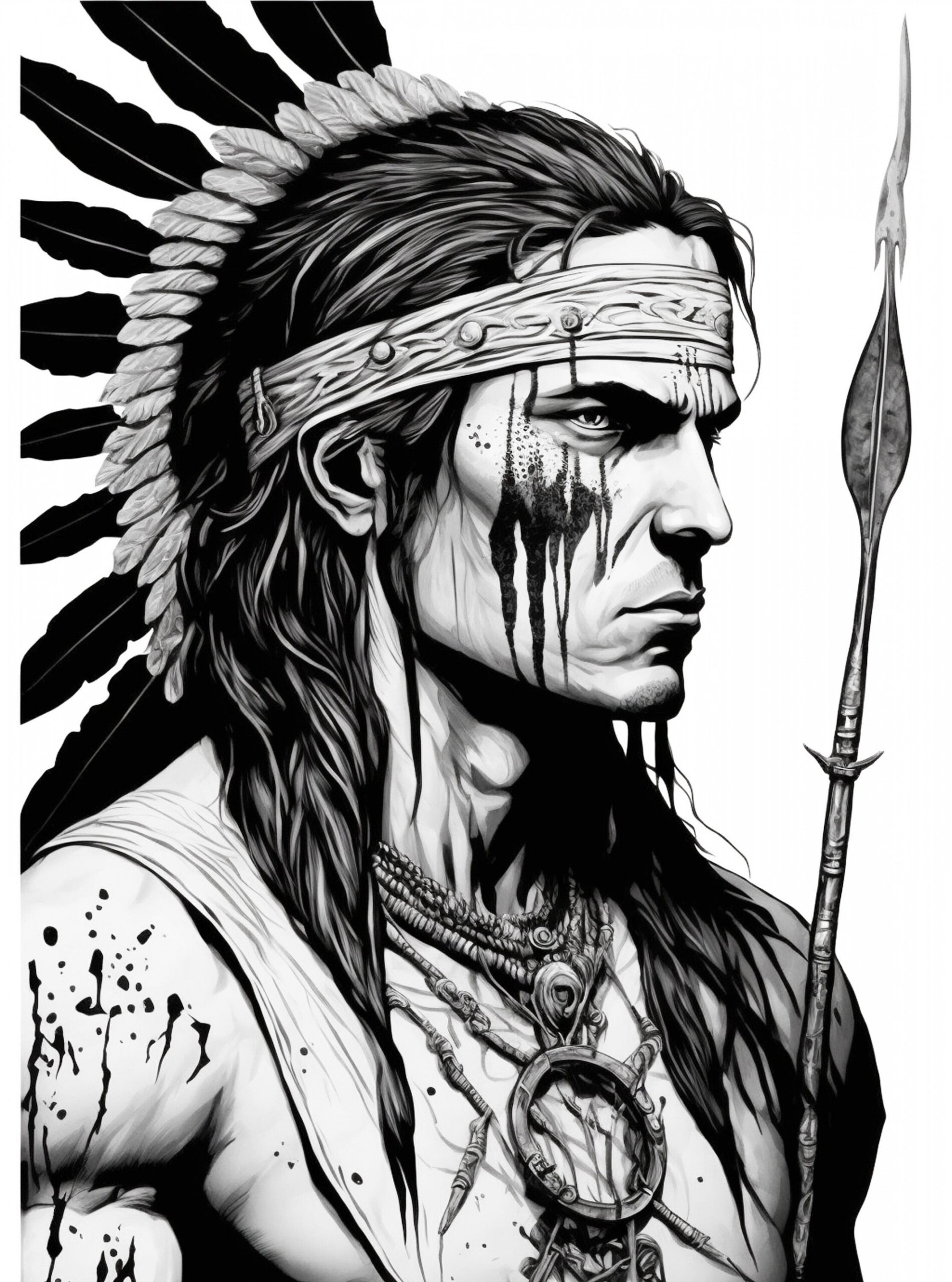 Fearless Native American Warrior Coloring Page, AI Generated