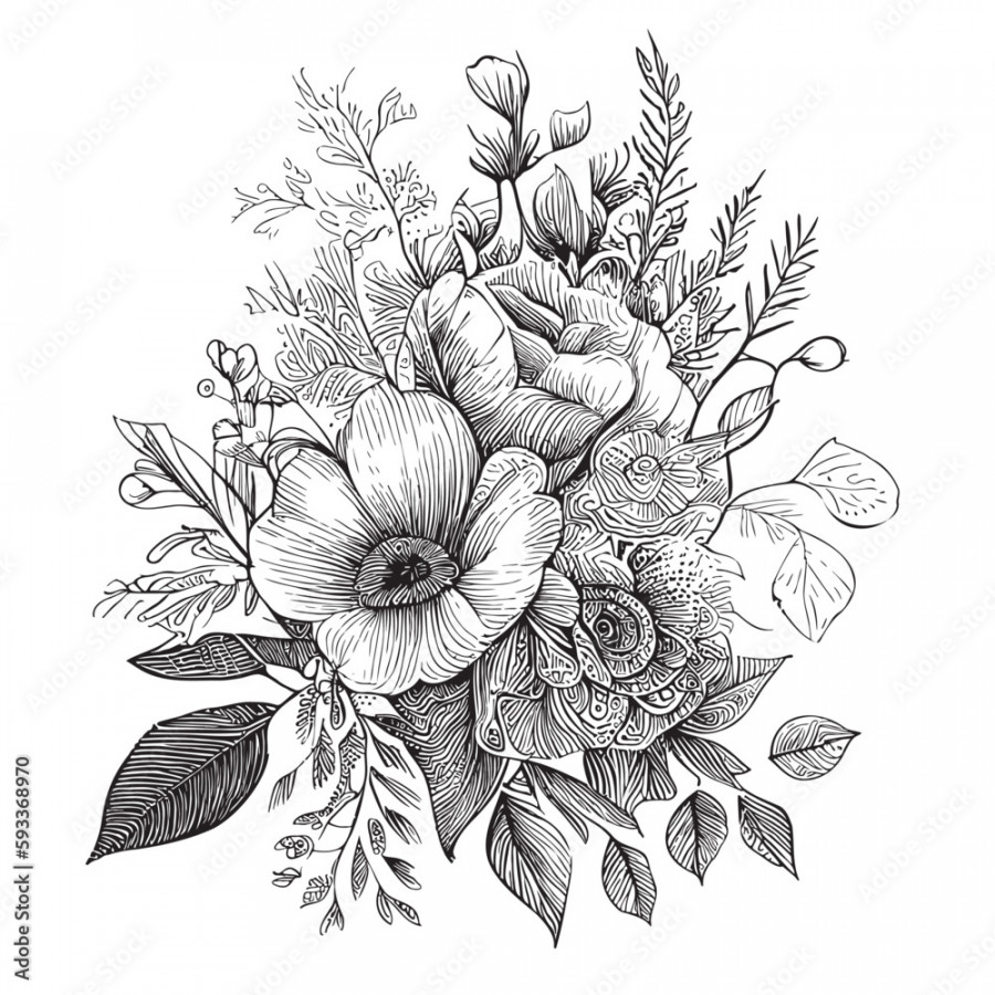 Flower bouquet hand drawn sketch illustration Wild flowers Stock