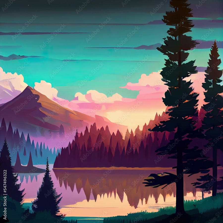 Forest and mountains digital painting