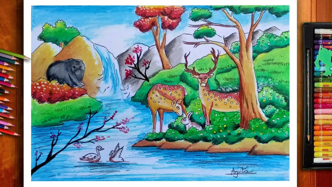 Forest Scenery Drawing Step By Step  Wildlife Drawing Easy  Forest  Drawing With Animals