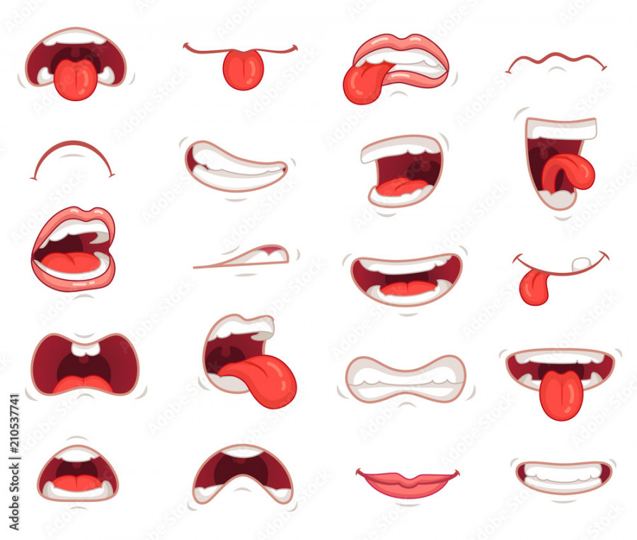 Funny mouths. Facial expressions, cartoon lips and tongues