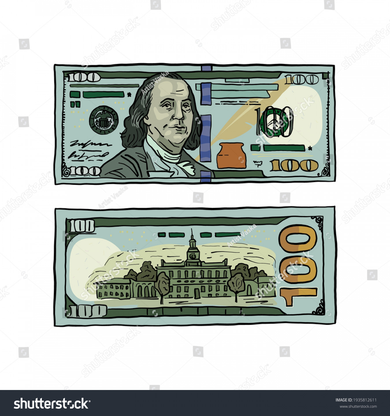 Geldscheine. Zeichnen. Vektorgrafik.  $ Banknote