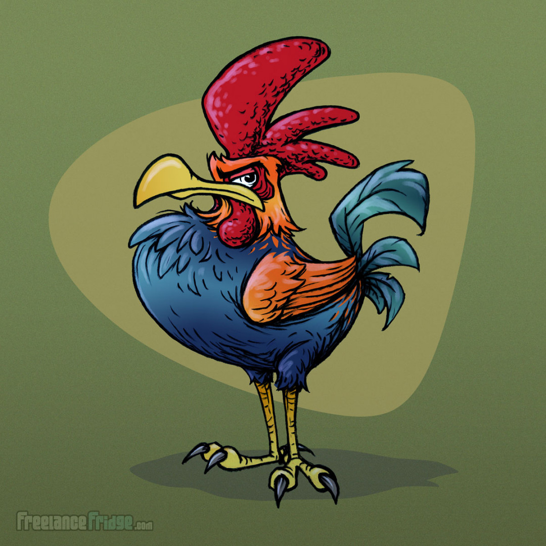 Grouchy Rooster Cartoon Drawing – Black and White Inked and Color