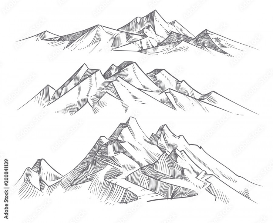 Hand drawing mountain ranges in engraving style