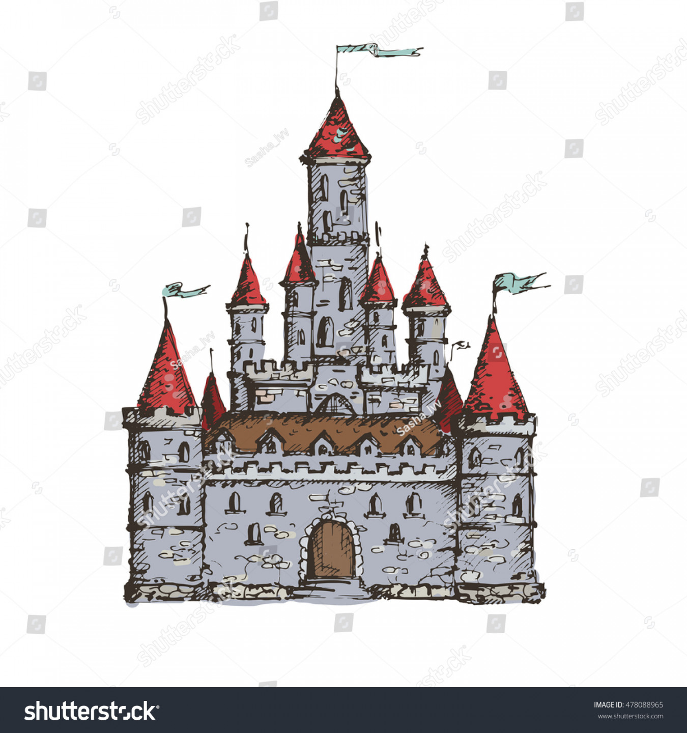 Hand Drawn Colored Castle Isolated On: Stock-Vektorgrafik