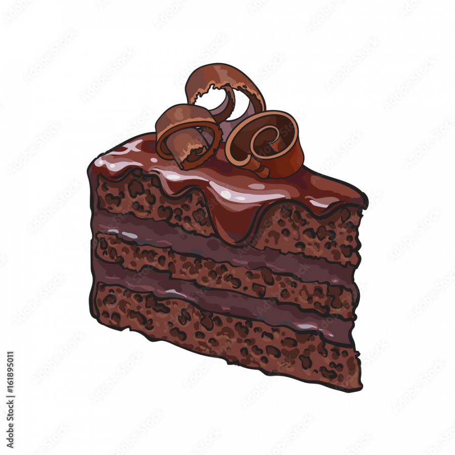 Hand drawn piece of layered chocolate cake with icing and shavings