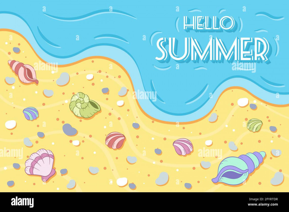 Hello Summer cute drawing water beach with shells Stock Vector