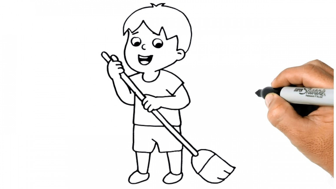 HOW TO DRAW A BOY CLEANING THE FLOOR EASY STEP BY STEP