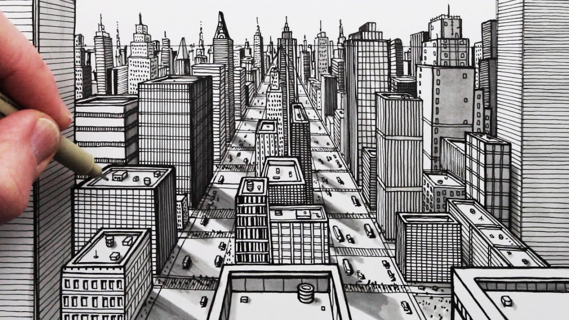 How to Draw a City using -Point Perspective: Pen Drawing