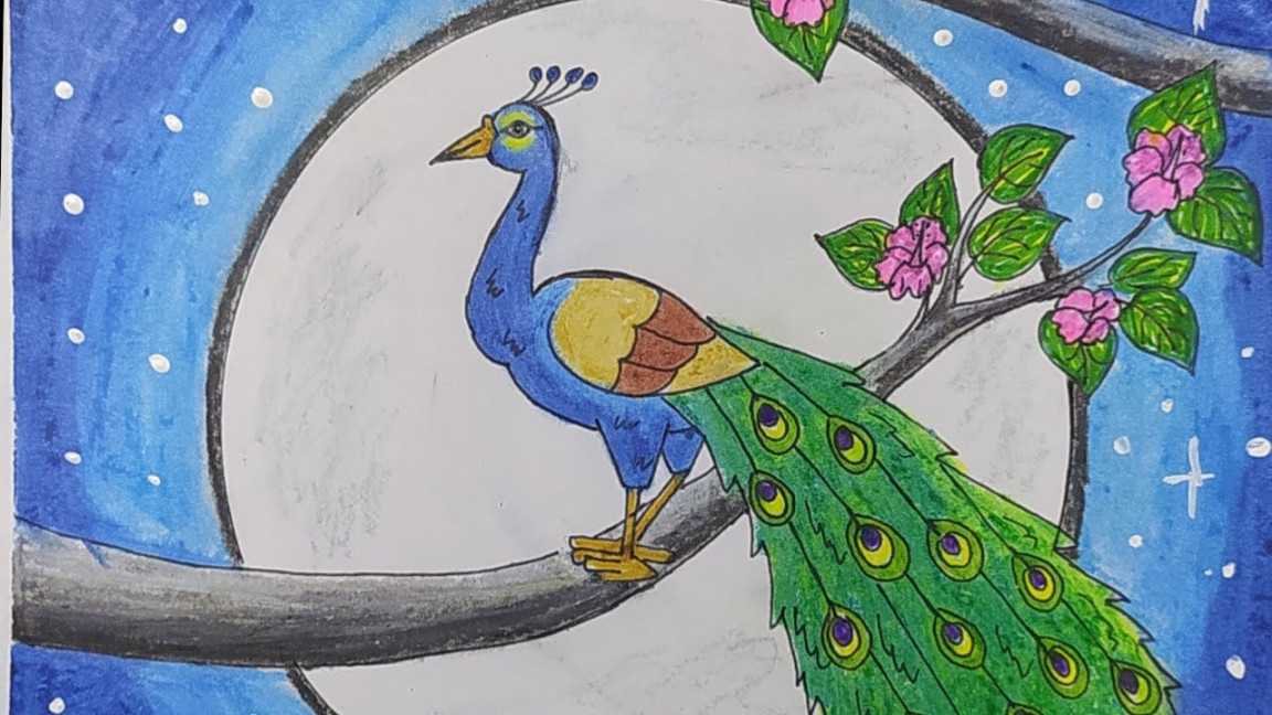 How to draw a peacock drawing easy step by step with oil pastel colour for  beginners