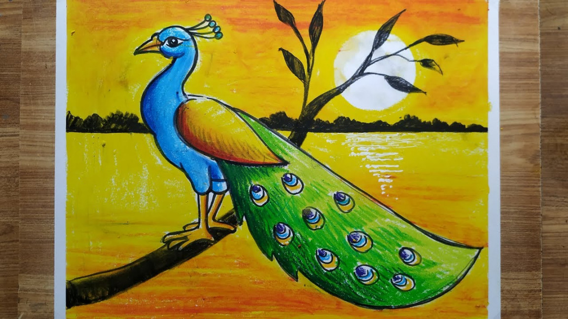 how to draw a peacock with oil pastel color,easy peacock drawing,sunset  scenery drawing,bird drawing