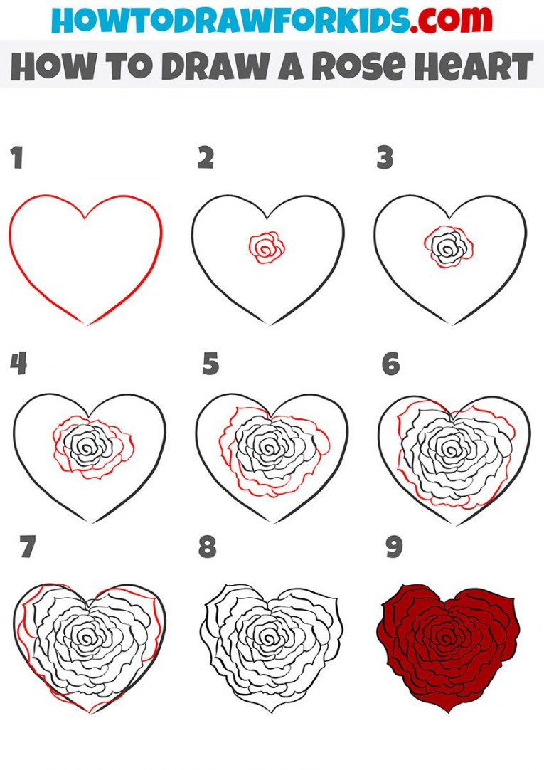 how to draw a rose heart step by step  Flower drawing, Flower