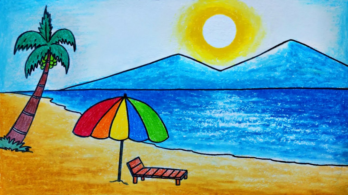 How to draw a sea beach scenery easy  Summer season scenery in sea beach  drawing