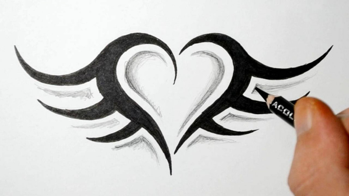 How to Draw a Simple Tribal Heart Tattoo with Wings