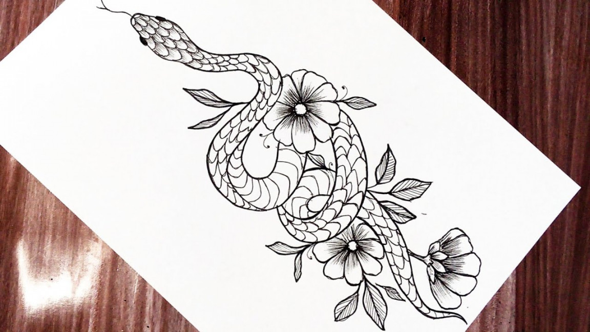 How to draw a snake tattoo  snake with flowers drawing tattoo drawing