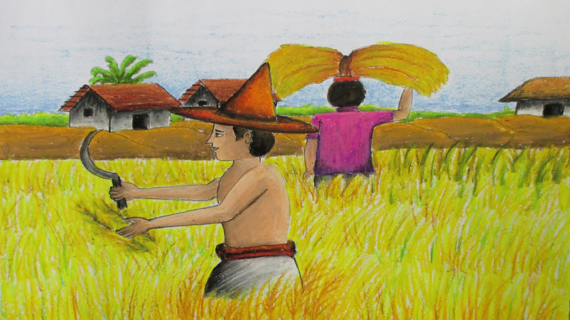 How to Draw a Village Landscape where farmers harvesting paddy on fields   Episode-