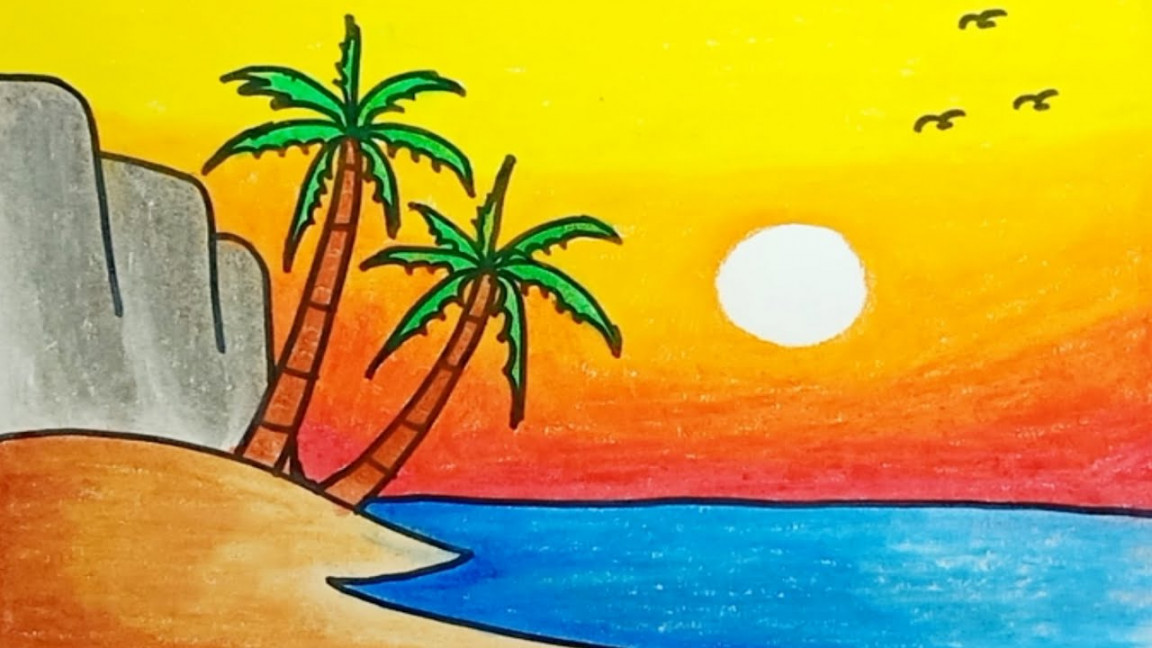 How To Draw Beach And Sunset Scenery Easy Step By Step Drawing Nature  Scenery For Beginners