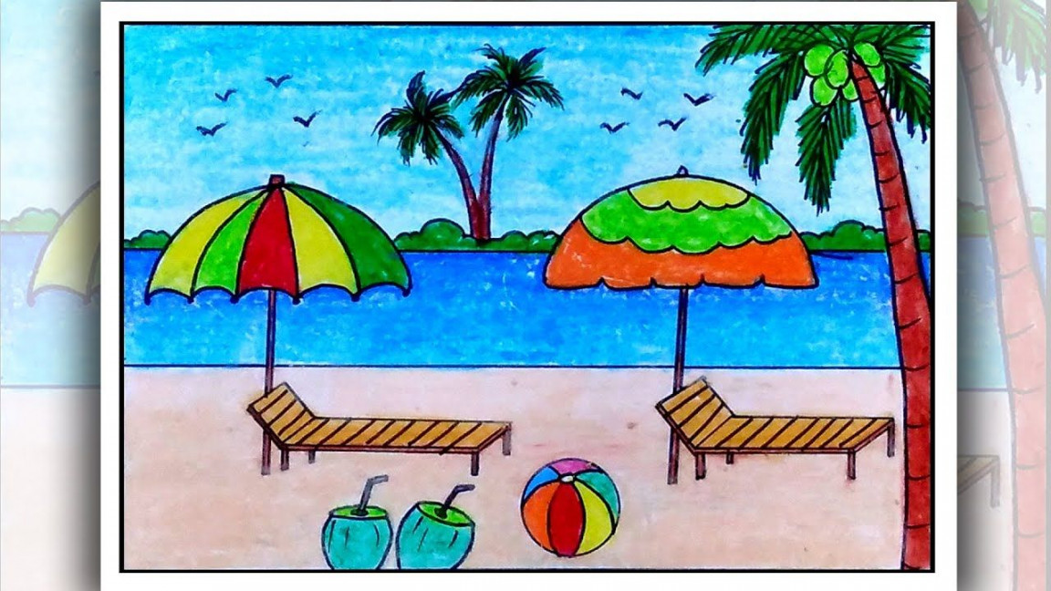 How to draw beach for kids  Sea beach drawing easy - YouTube