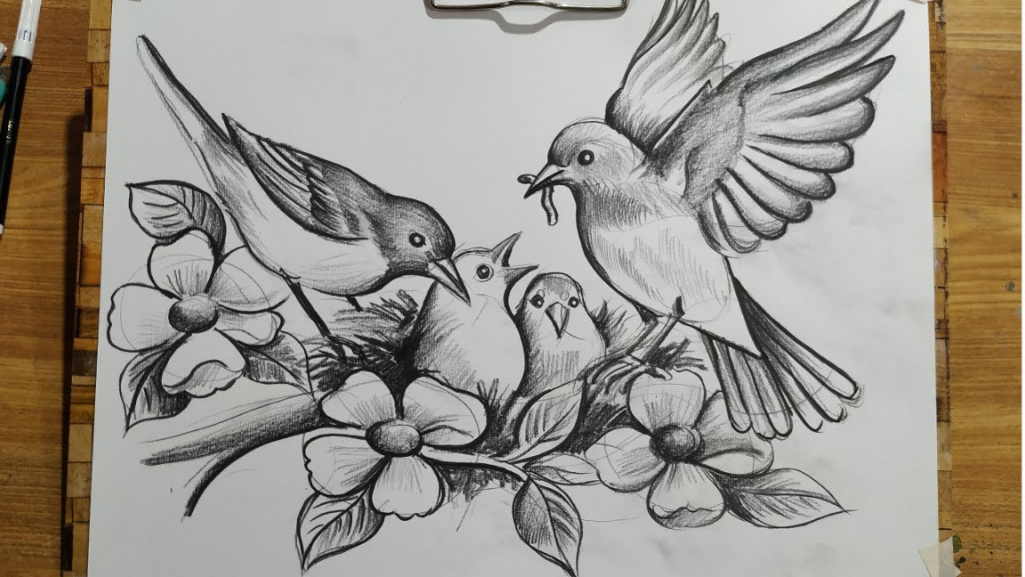 HOW TO DRAW BIRD FAMILY,BIRD AND FLOWERS DRAWING WITH PENCIL SKETCH,BIRD &  NEST DRAWING,BIRD DRAWING