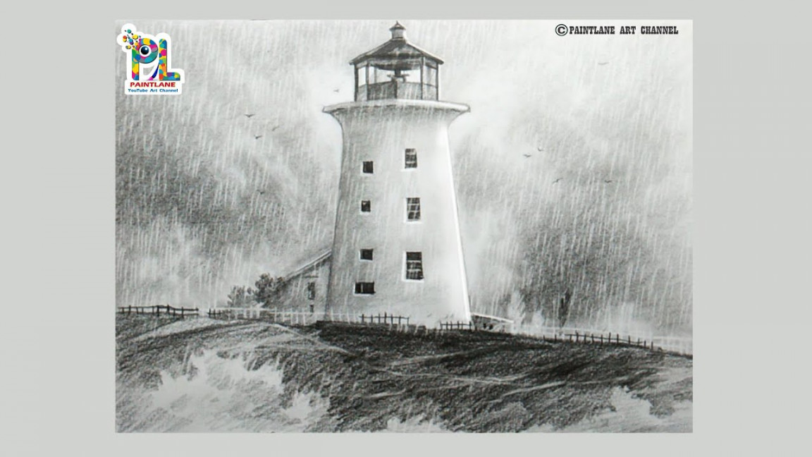 How to draw lighthouse in raining for beginners with step by step pencil art