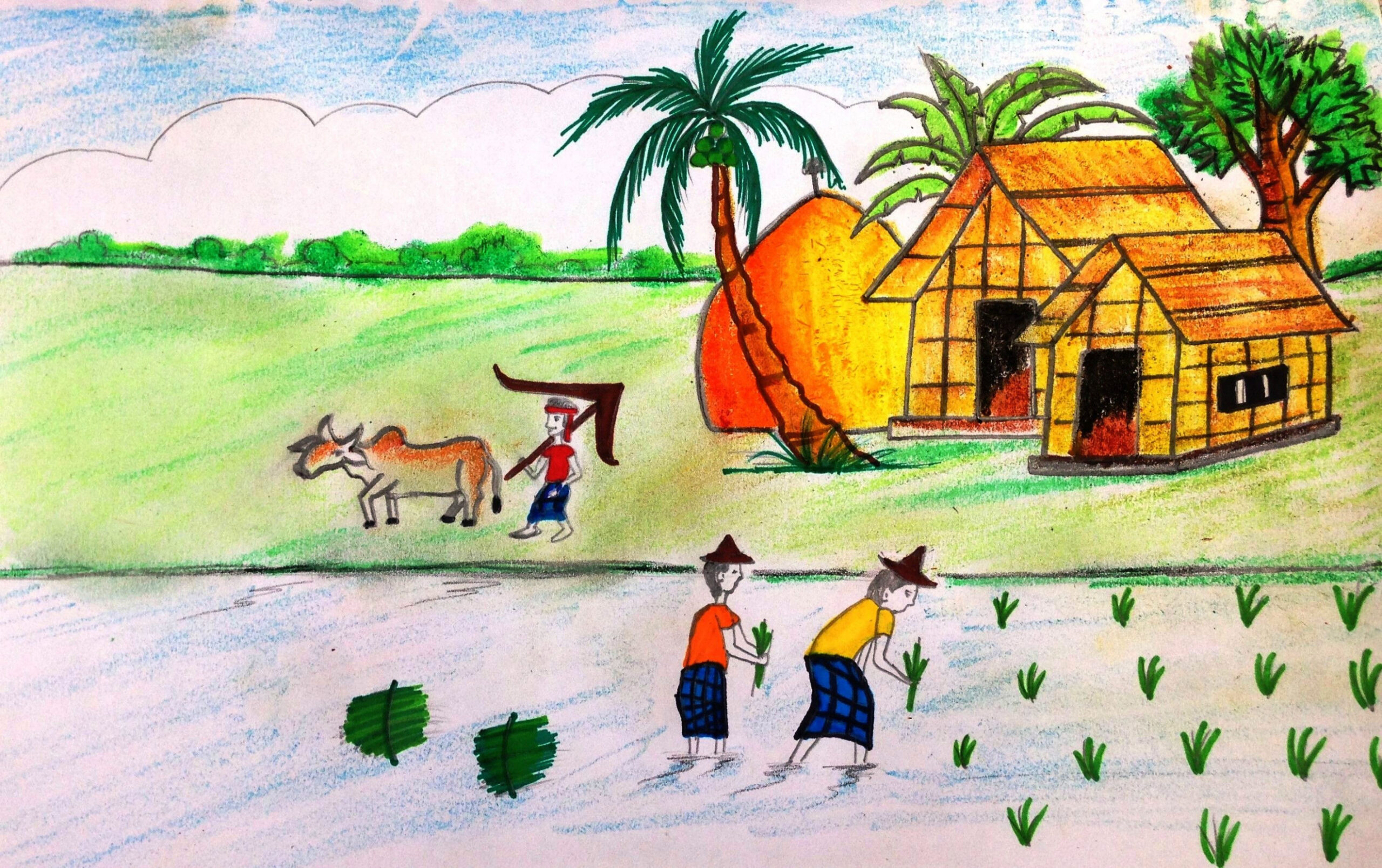 How to draw natural scenery of a Farming of a Grameen Farmer