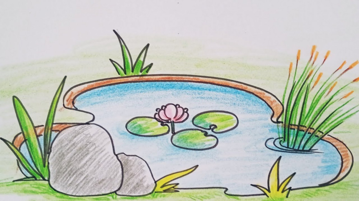 How to draw Pond  Easy water pond drawing and colouring tutorial  #Colourforum.