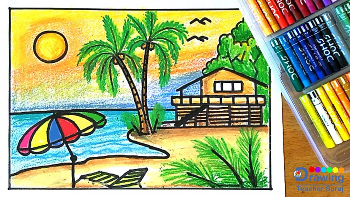 How to Draw summer beach scenery drawing -step by step