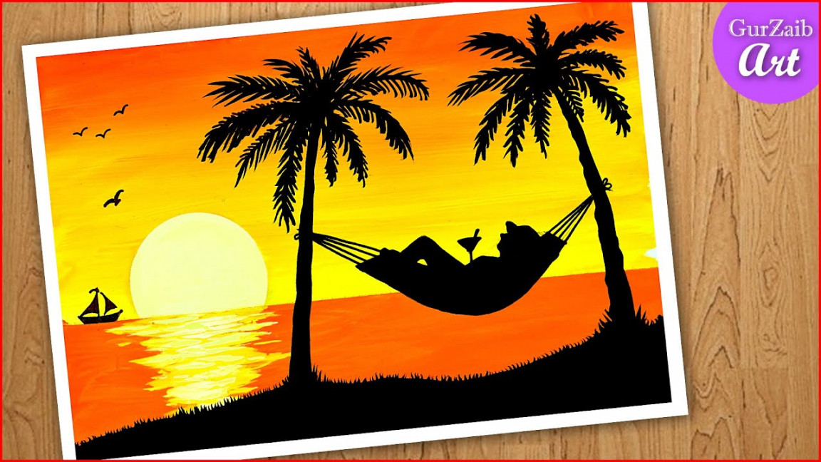 How to draw sunset beach scenery drawing  easy  step by step painting