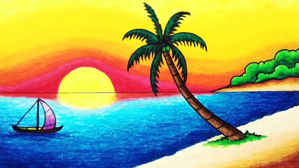 How to Draw Sunset in Tropical Beach for Beginners  Easy Nature Scenery  Drawing Step by Step