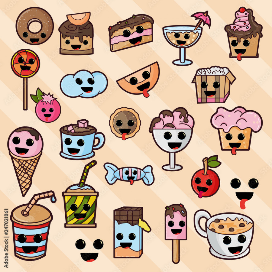 illustration in Kawaii style cute nice, adorable drawings, icons