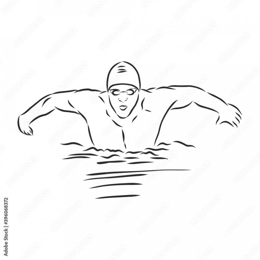 illustration of a swimmer , black and white drawing, white