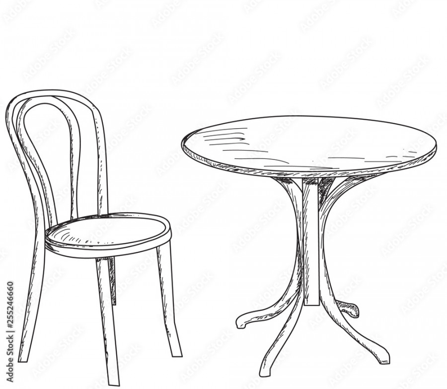 isolated, sketch, lines round table and chair Stock-Vektorgrafik