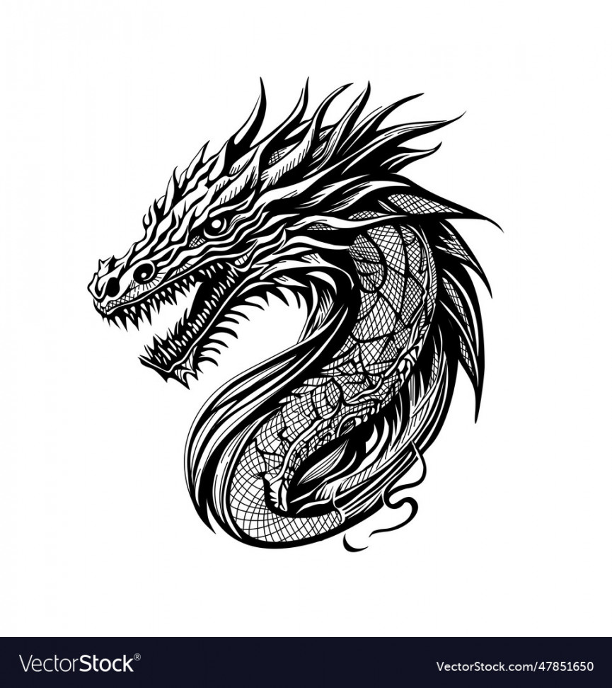 Japanese dragon black and white drawing Royalty Free Vector