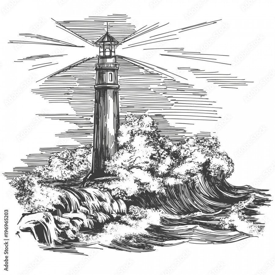 lighthouse lighthouse in the dark and sea landscape, storm hand