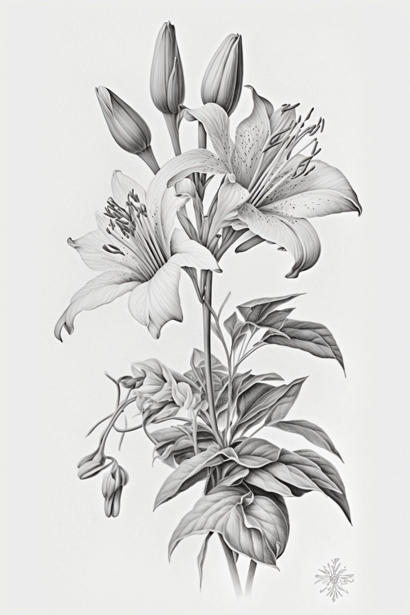 Lily Flowers, Pencil Sketch, Botanical Art, Floral, Fine Art