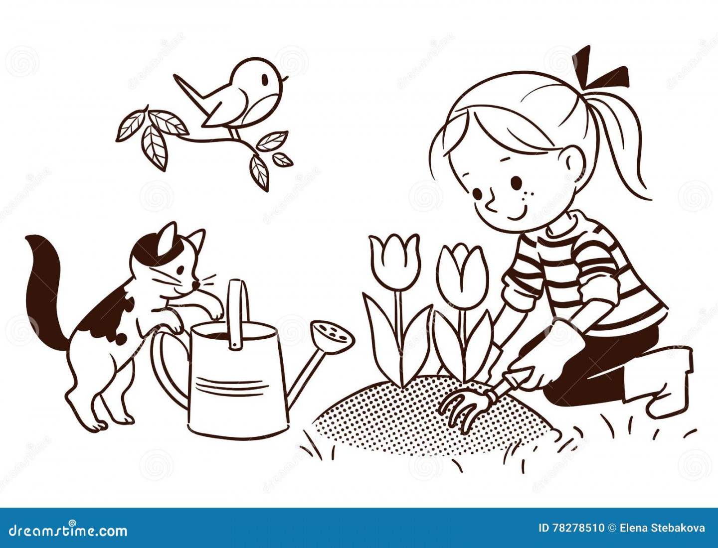 Line Cartoon Drawing of a Small Girl Gardening in Spring Stock