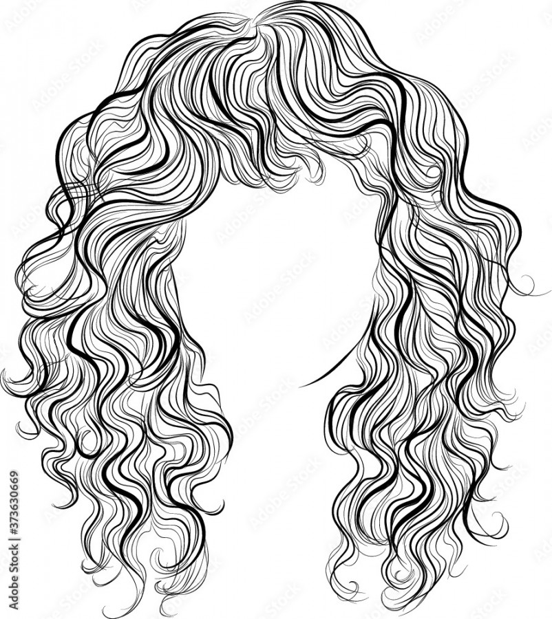 Long curly hair, vector illustration, black and white outline