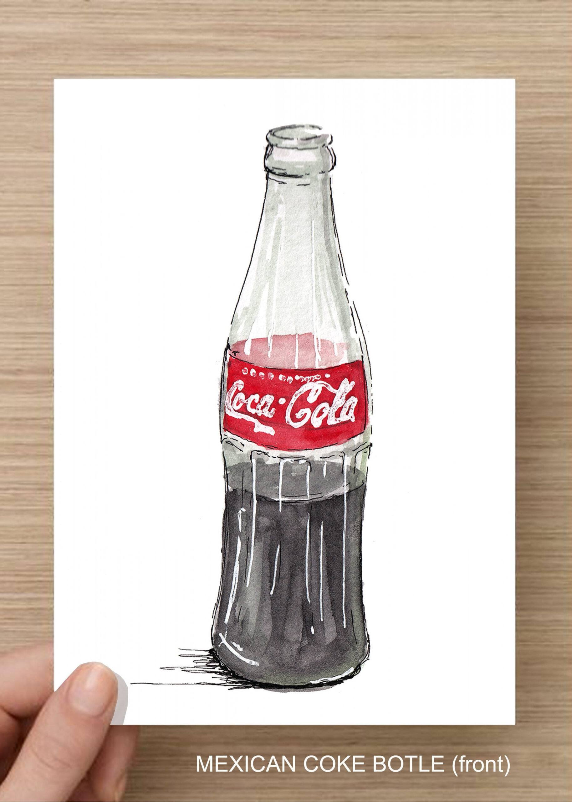 MEXIKANISCHE COKE BOTTLE - Coca Cola, grünes Glas, Soda, klassisch,  Zeichnung, Aquarell, Skizzenbuch, Kunst, Druck, gezeichnet dort