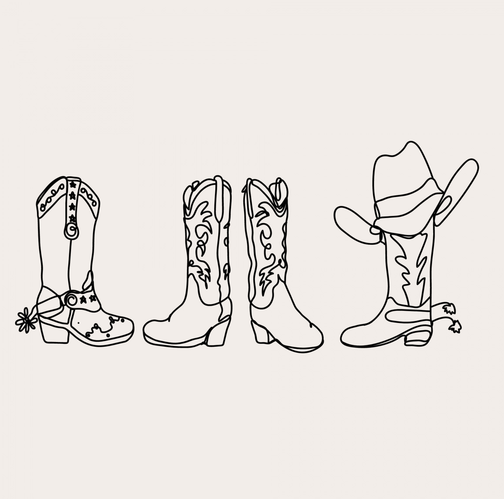 Minimalist Cowboy Boots Line art, Western Country Hat ,Simple