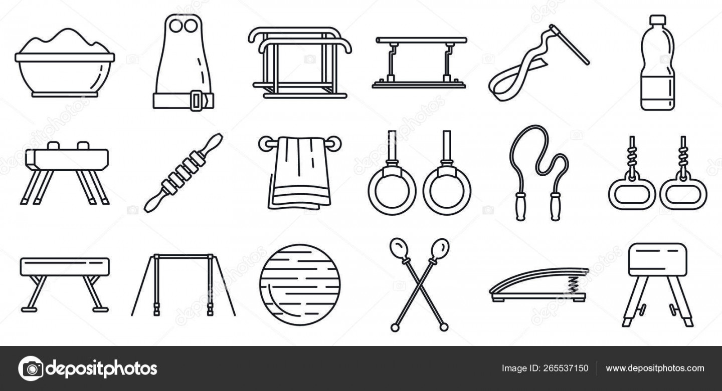 Modern gymnastics equipment icons set, outline style Stock Vector