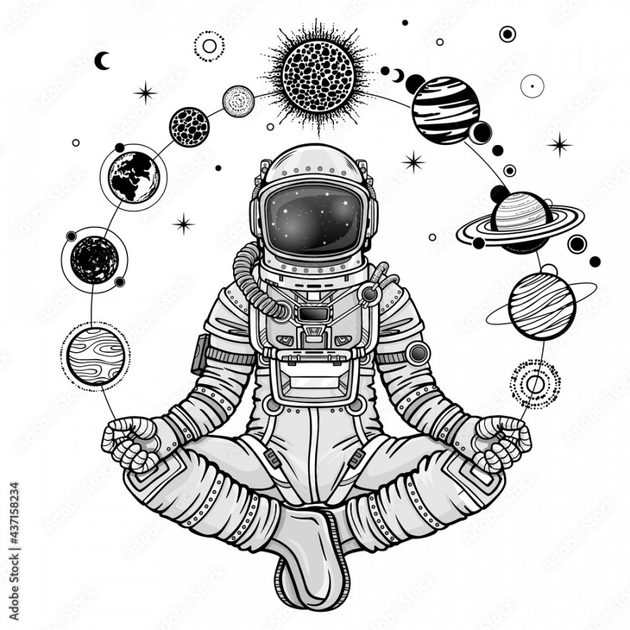 Monochrome drawing: animation Astronaut in a space suit holds