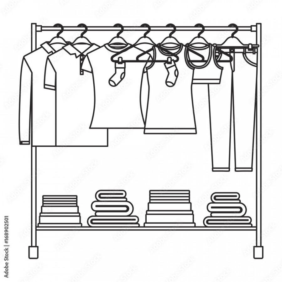 monochrome silhouette of clothes rack with t-shirts and pants on