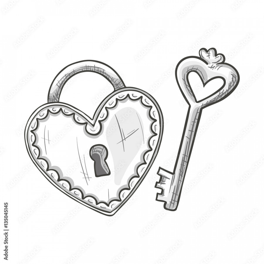 Monochrome sketch style illustration of heart shape lock and key